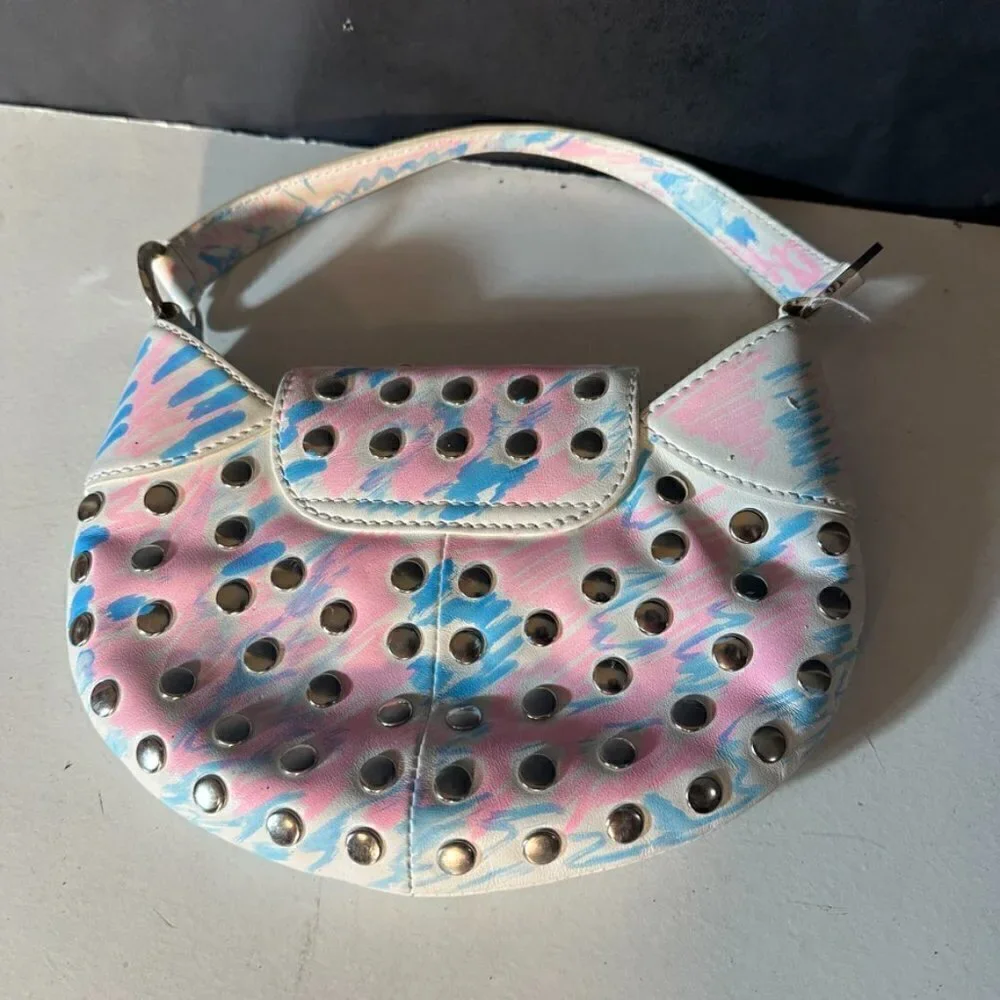 BCBG Studded Tie Dye Wristlet Bag Blue Pink Neon Club Handbag Silver Upcycle